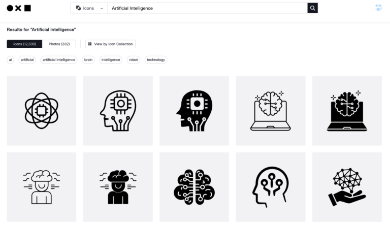 A screen shor from "The Noun Project" web site. It shows the results from a search on "Artificial Intelligence."